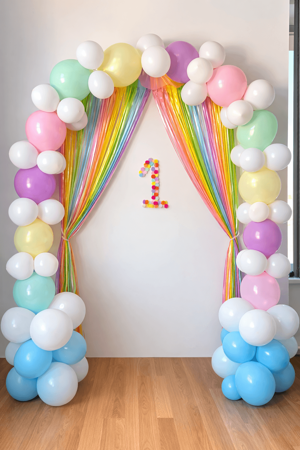Regnbågsfärgad ballongbåge för barnkalas