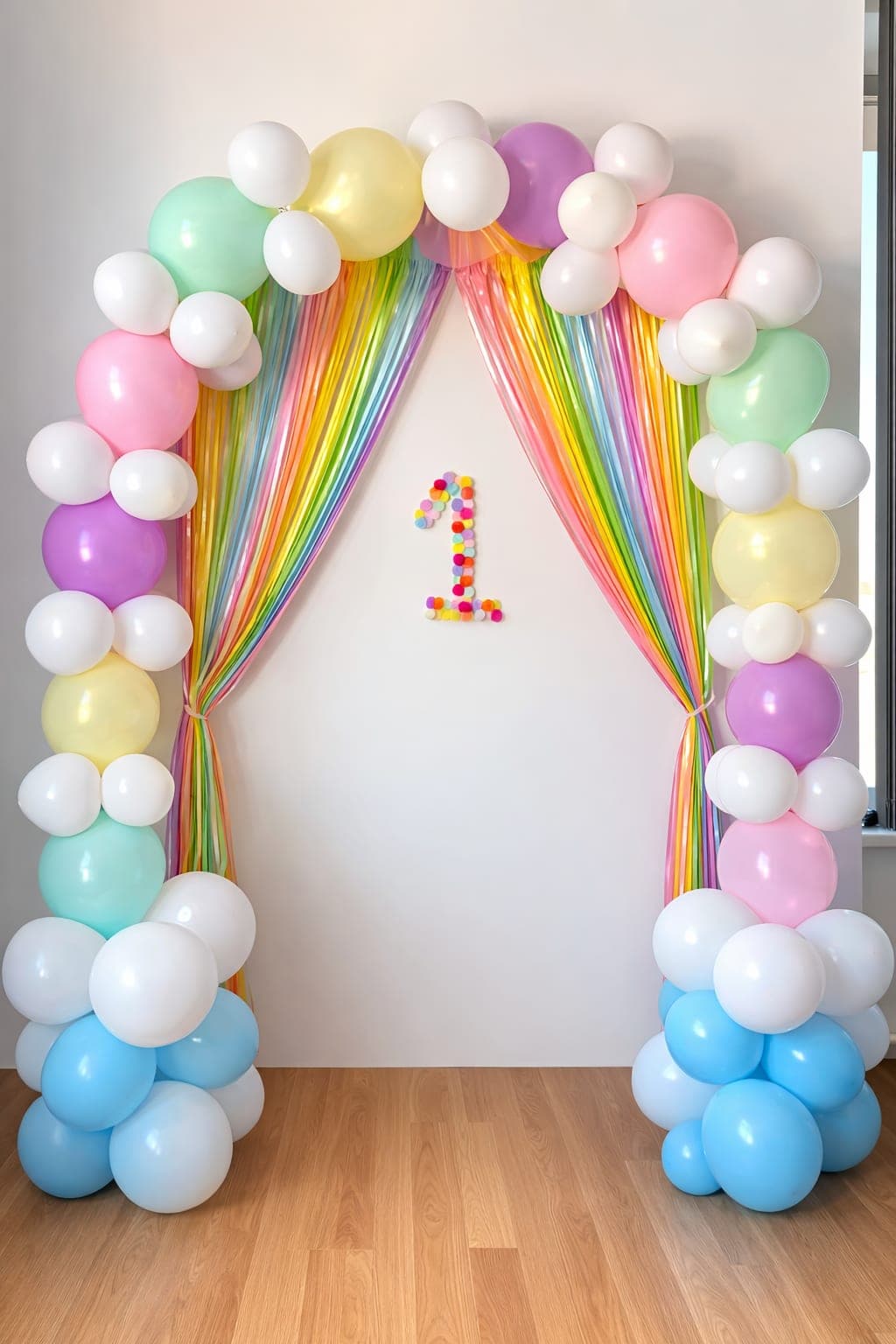 Regnbågsfärgad ballongbåge för barnkalas